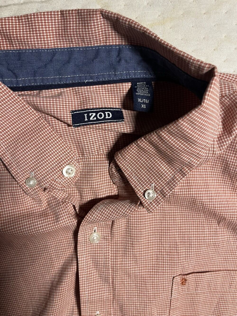 IZOD Men’s XL Button Front Shirt Red White Micro Check Long Sleeve Pocket Cotton